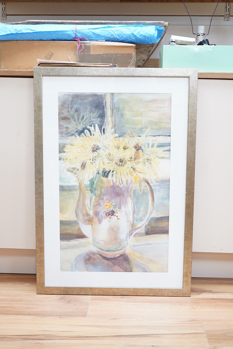 Kate Douglas (contemporary), Still life of Sunflowers in a jug, signed verso, watercolour, 66 x 40cm
